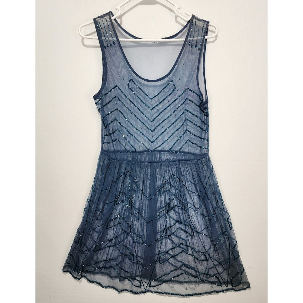 Free People Embellished Mesh Mini Slip Dress blue Beaded Women's Size Small Boho